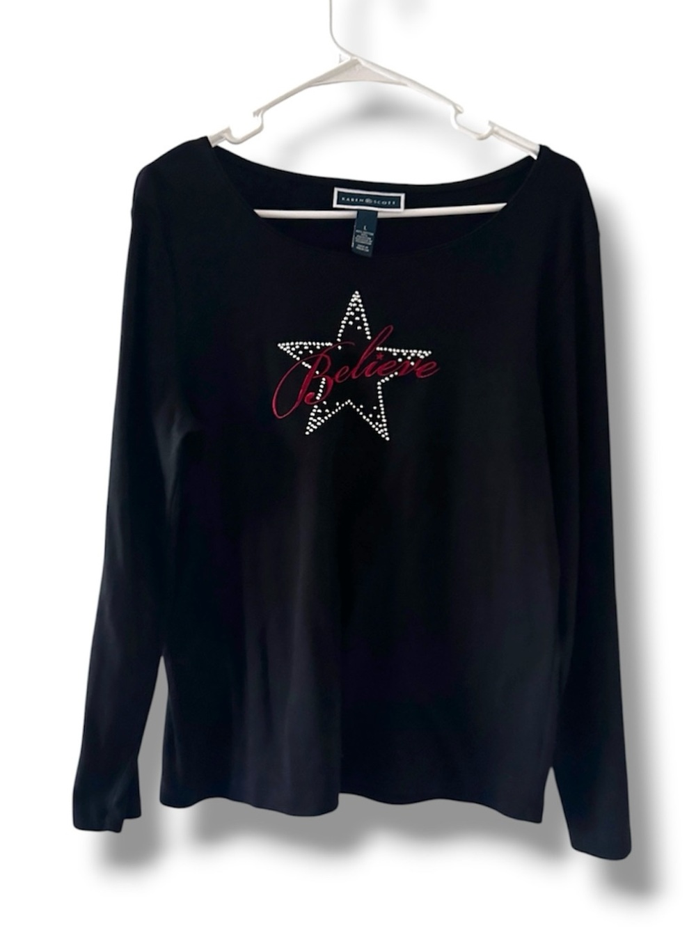 Vtg Karen Scott Black Long Sleeve Top Believe Rhinestone Star Women’s Size Large